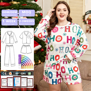 Women <b>Summer</b> Christmas Pajamas Set 100% Organic Long Sleeve Neck Printed Cotton Shorts Sleepwear ODM Custom Design Breathable - Product Image 1