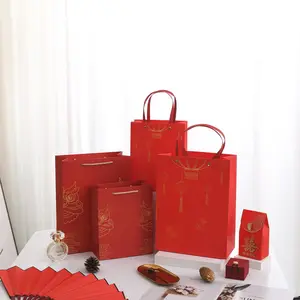 De gros papier boîte sac rouge-Sac fourre-tout de style chinois pour le nouvel an, sac de fête, boîte cadeau rouge, emballage spot en papier