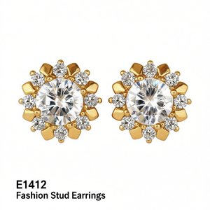 Orecchini a perno alla moda E1412 placcati oro con zirconi a forma di fiore, gioielli da festa da donna con montatura a griffe in lega, di tendenza - Product Image 1