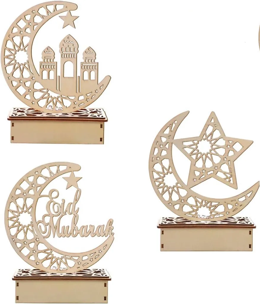 Decoração de mesa com 3 peças de lâmpada de madeira para festas e festas, decoração de Ramadã e Eid, estrela e lua, ideal para uso doméstico