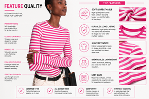 Camisa de manga larga a rayas rosa y blanca para mujer – Camisa informal de manga larga con cuello redondo y corte ajustado – Moda casual premium - Product Image 6