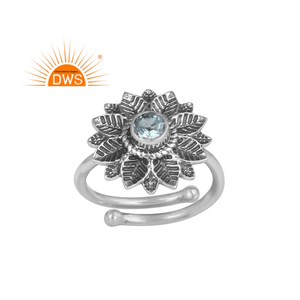 Anillo de Plata de Ley 925 con Topacio Azul, Diseño Floral Antiguo, Hecho a Mano, para Mujer, Fabricante de Joyería - Product Image 1