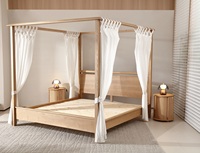 Cama con dosel con marco de madera maciza con cortinas para tamaño King con cabecero para dormitorio de adultos con patas de apoyo Listones de madera