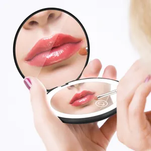 Miroir cosmétique LED grossissant 2x 10x double face miroir rond pliant logo personnalisé mini miroir de maquillage compact avec droite