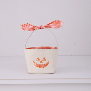 Bolsa de lona con forma de calabaza de Halloween disponible en 5 colores, con lazo y forro a cuadros, reutilizable, para niños. - Product Image 5