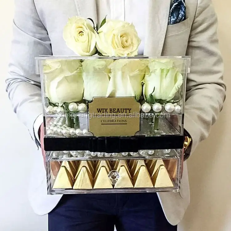 Boîte à fleurs en acrylique transparente et personnalisée, 50 pièces, avec tiroir, boîte en acrylique pour Roses