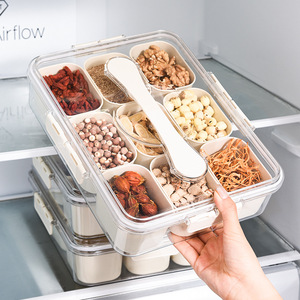 Spice Jar Nine Compartment With Spoon Moisture Proof Kitchen Storage Box Creamy White L Size - Product Image 1