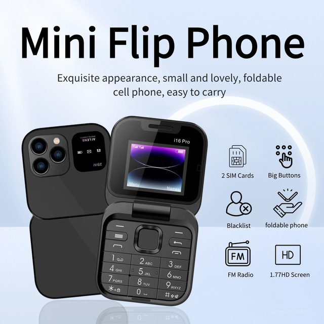 Smart Home Mini Flip I16 Pro Cross Border Dual SIM 2G Mobile Phone with Keychain Body Design for Pocket Backup