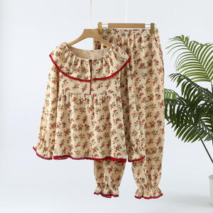 Ensemble pantalon et haut en crêpe de coton pur pour femme, <span class=keywords><strong>double</strong></span> <span class=keywords><strong>gaze</strong></span> fine, doux et <span class=keywords><strong>lisse</strong></span>, style rétro, col rond, manches longues, printemps-automne - Product Image 1