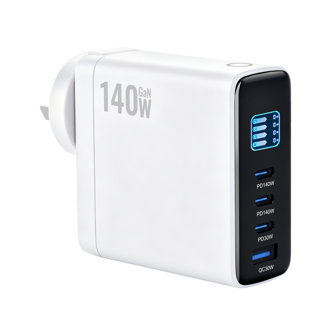 140W USB-C GaN 4-Port PD Fast Charger with Digital TFT Display Fireproof Protection for Laptop & Camera