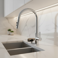 Robinet de cuisine moderne monocommande en acier inoxydable brossé, à montage sur plan, avec douchette céramique, installation facile, et rince-gobelet automatique