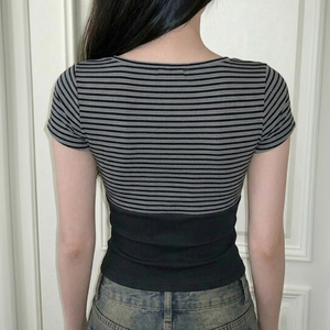 ชุดสองชิ้นเสื้อลูกไม้คอวีลายทางแขนสั้นสีล้วนหวานเซ็กซี่ - Product Image 6