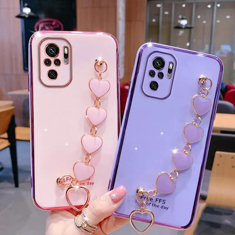 Luxury Wrist Love Heart Chain Plating Case On For Xiaomi Redmi Note 10 Pro 11 11pro 10s 9 8 8t Bracelet Silicone Cover Note10 S