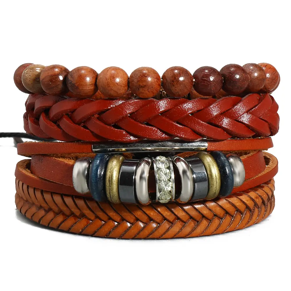 Simple Retro Set Braided Leather Punk Bracelet Diy Bracelet For Men 4 Pcs Wrap Cuff Bangle For Man