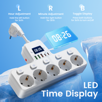Multiprise avec 5 prises Schuko, 3 ports USB-A, 2 ports Type C, horloge, protection contre les surcharges, cordon d'alimentation 16AWG 5cm pour la maison et le bureau