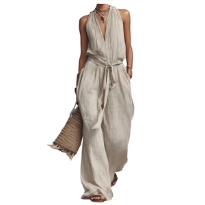 Mono de Lino Transparente sin Mangas Estilo Bohemio para Mujer, Cintura Alta, Largo, Color Sólido, Transpirable, Corte Holgado, Primavera Verano - Product Image 1