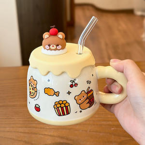 <b>Cute</b> Cartoon Ceramic <b>Mug</b> with Lid and Handle Pink Yellow Brown Color for Girls Kids Presents Spring 2025 - Product Image 4