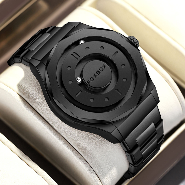 Fashion FOXBOX 0091 Men's Watch Creative 3D Magnetic Ball Suspension Design Quartz Watch with 30M Waterproof 43mm Dial Time Gift