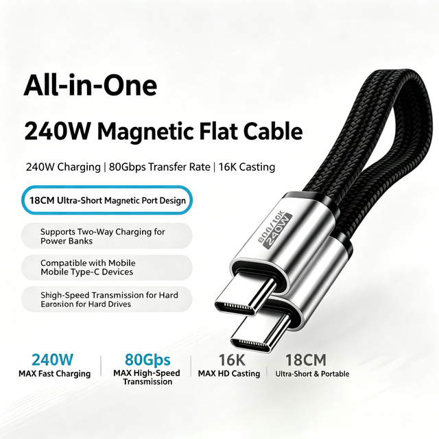 USB 4.0 Type-C Magnetic Data Cable with Port Magnetic Design 240W Fast Charging Ultra-Short Portable Charging Cable