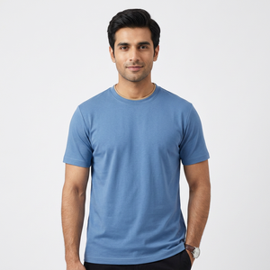 T-shirt pour homme en coton lisse et frais, personnalisable avec votre logo, bleu uni, vintage, coupe ample, col rond, décontracté - Product Image 1