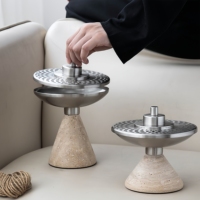 SAIDKOCC D15.5CM Brûleur d'encens aromatique en marbre naturel, pierre de travertin sculptée à la main, parfumée, pour cérémonies religieuses arabes du Ramadan