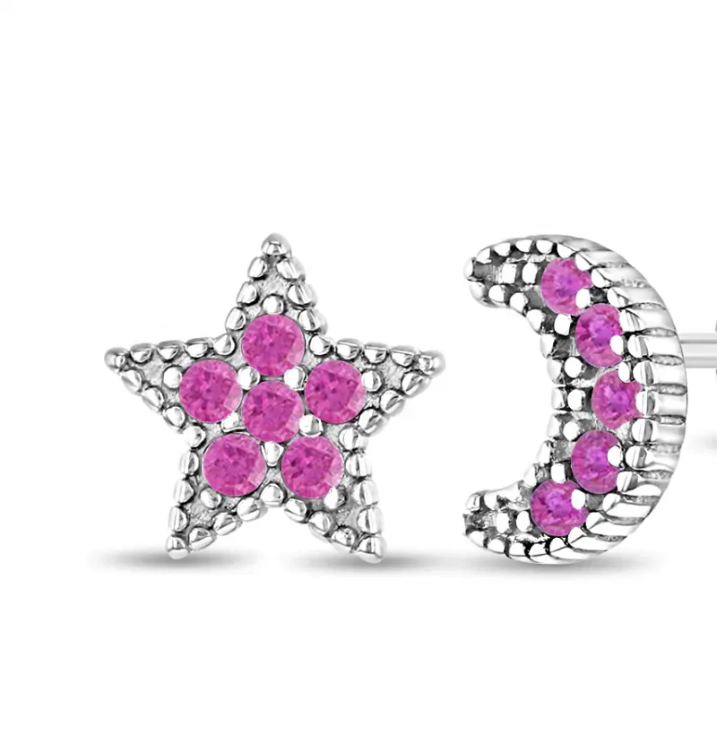 Perhiasan anak-anak Hypoallergenic anting kancing Bulan Bintang batu permata merah muda lucu untuk anak-anak dan anak perempuan