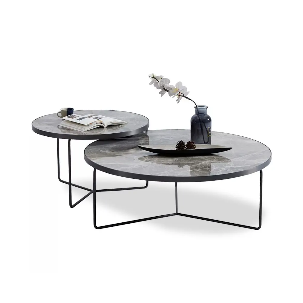 שולחן קפה עגול מודרני איטלקי סט סלון סט שולחן אבן מרוסנת שולחן תה קרמי וינטג'