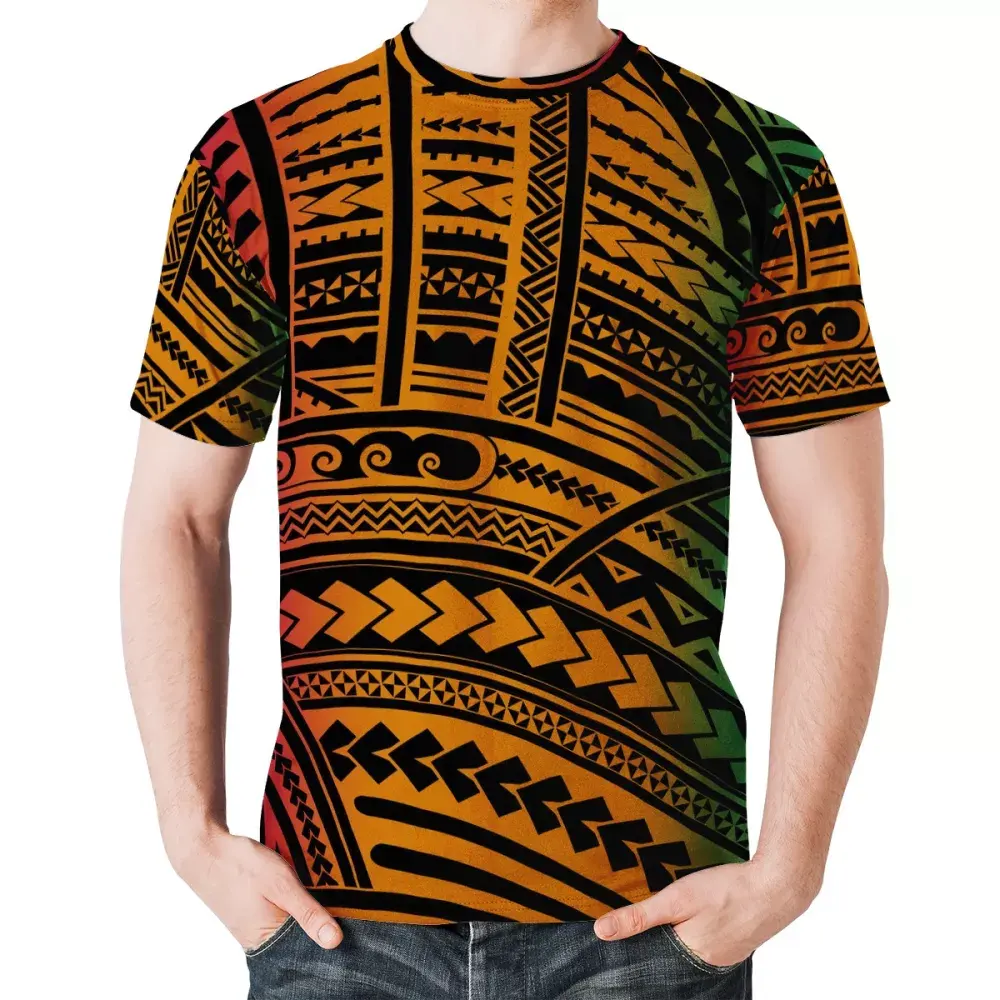 Fashionable Sport Mens T-shirt Polynesian tribal design brand Men shirts Red yellow green gradient Rasta color men cloth