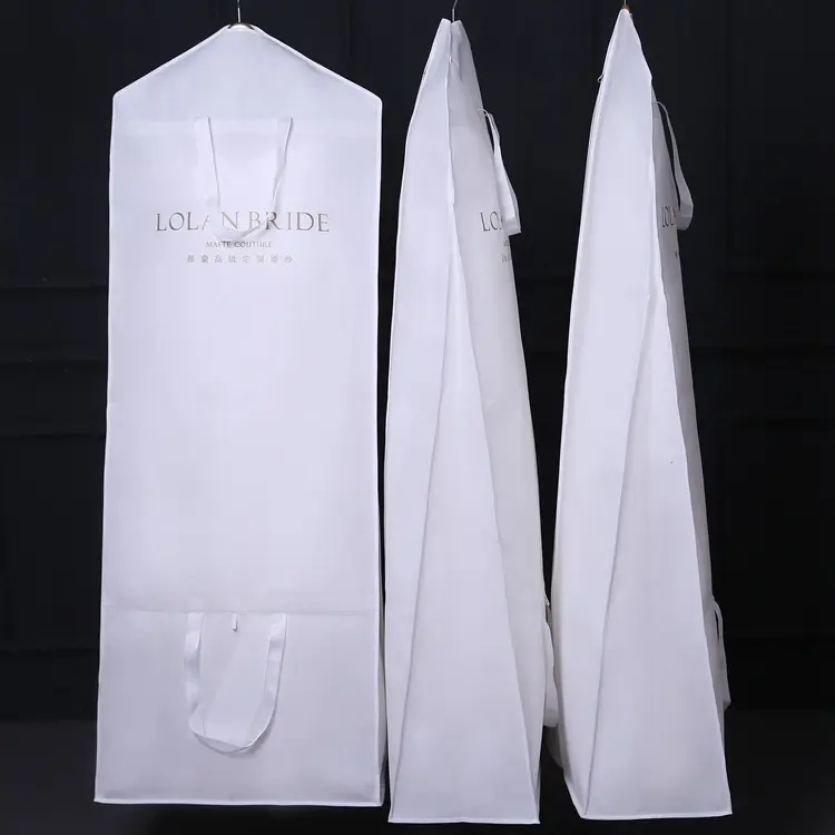 Funda de tela no tejida personalizada para vestido de novia, bolsa de ropa de traje plegable respetuosa con el medio ambiente, color blanco