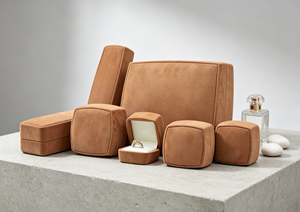 Ensemble complet de boîtes à bijoux haut de gamme faites à la main, enveloppées de tissu en velours brun fin, base rigide, coutures décoratives, bords arrondis, fermeture magnétique - Product Image 4