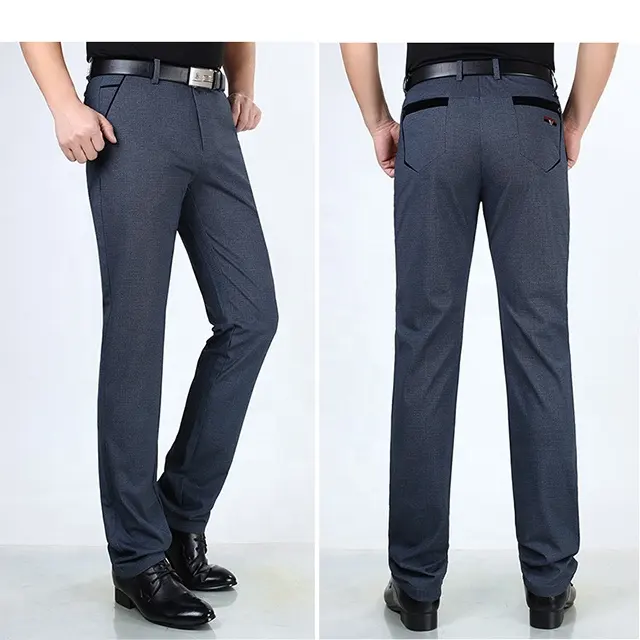 In-stock Men's Casual Fashion Business Pants Long Trousers Autumn Elastic Classical Casual Slim Black Suit Pants With Brand Belt