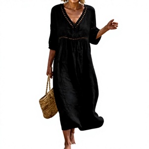 Robe mi-longue en lin bleu sarcelle faite à la main, col en V, taille empire, manches trois quarts, style tunique simple, respirante, pour femme, idéale pour l'été - Product Image 4