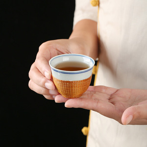 Chinese Style Bamboo Woven Porcelain <b>Tea</b> Cup Less Than 200Ml Round Shape Travel Kung Fu <b>Tea</b> <b>Set</b> Without Lid - Product Image 5