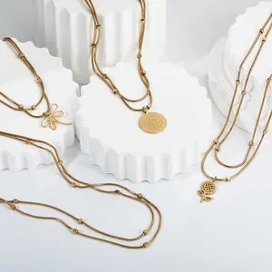 Byron bijoux perles collier en acier inoxydable chaîne Double couche fleur libellule jésus collier collier femme