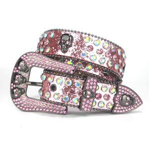 Cinturón de Pedrería Rosa de 4.0cm de Ancho con Hebilla de Pin, Estilo Y2K, Cinturón Decorativo de Moda con Diseño de Calavera - Product Image 2