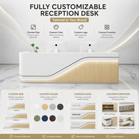 Comptoir de réception carré moderne et durable en bois blanc veiné avec éclairage LED latéral, logo personnalisé, pour salon de beauté et hôtel