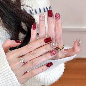 <span class=keywords><strong>Uñas</strong></span> Postizas Hechas a Mano con Diseño de Ojo de Gato en Rojo Vino, Estilo Clásico a Cuadros Blancos para Navidad - Product Image 3