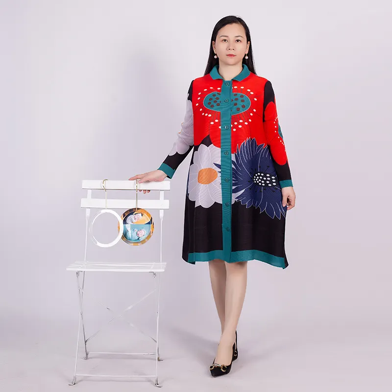 Tianbao cardigã feminino miyake, saia com estampa de margaridas, decote alto, manga longa, tamanho grande, 2023