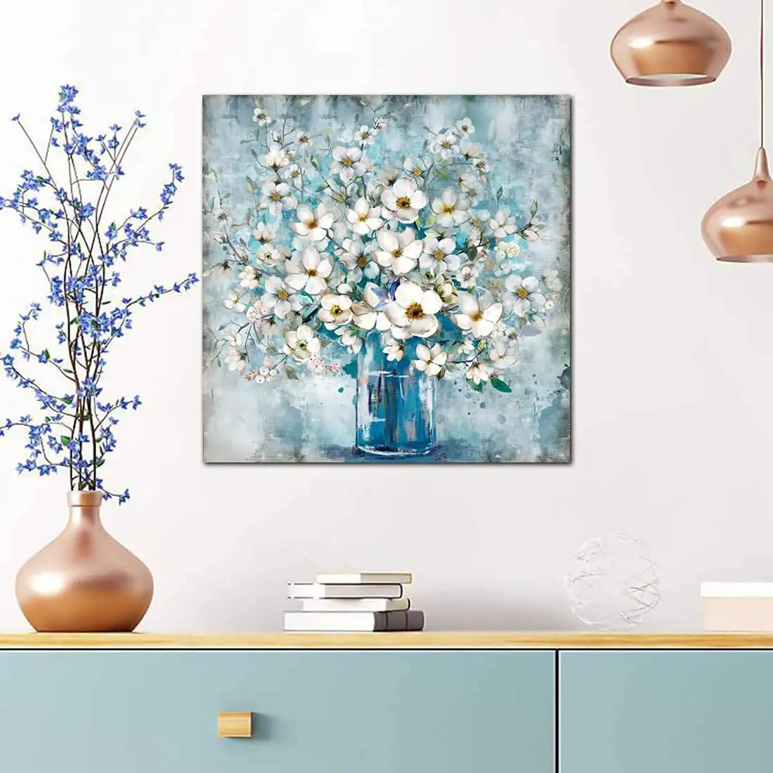Stretched Canvas Wall Art Wall Decoration Modern Gallery Print White Flower in Blue Bottle Theme Picture Artwork for Home Decor