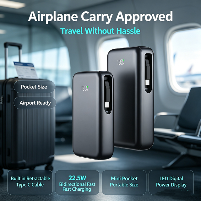 Mini Portable Power Bank Built in Retractable Type C Cable 22.5W Bidirectional Fast Charging Digital LED Display Airplane