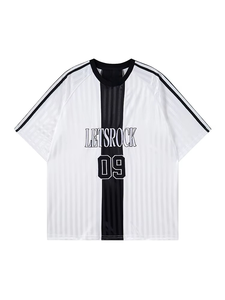 Retro Color-block <b>Striped</b> V-neck Oversized Woven Sports Short-sleeve <b>T</b>-<b>shirt</b> for <b>Men</b> Women Blokecore Ice Silk Jersey - Product Image 4