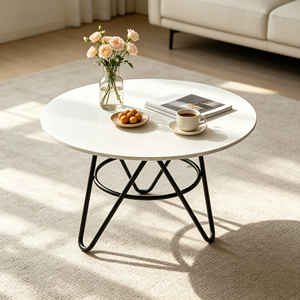 Table basse ronde moderne, plateau blanc lisse, base en fil métallique noir, table de salon, table de centre pour canapé, meubles pour la maison et l'hôtel - Product Image 6
