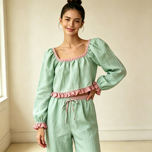 Cute Spring Autumn Young Women's Linen Ruffled <strong>Crop</strong> Tops Pants Pajamas Breathable Mint Green Elastic Cotton <strong>Pyjamas</strong> for Woman - Product Image 4