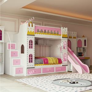 Litera de Castillo de madera rosa para niños y niñas, cama de princesa con almacenamiento de escritorio, armario deslizante para escalera - Product Image 3