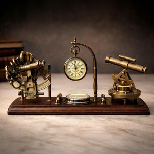 Ensemble d'horloges de bureau nautiques vintage avec sextant et télescope en laiton, instrument décoratif de table maritime, affichage de luxe - Product Image 1