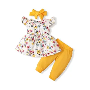 Peuter Baby Meisjes 'Zomer Vliegen Mouw Kleding Ruche Bloemen Tops Lange Broek Met Bow-Knoop Hoofdband Set Outfit Baby kleding