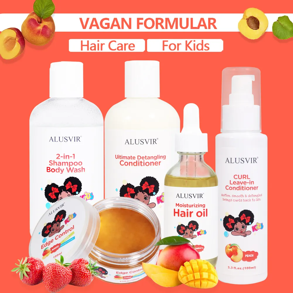 Kit de cuidados infantis, kit de cuidado com o cabelo, frutas, perfumadas, shampoo, lavagem, 2 em 1, deixe no condicionado, controle das bordas, etiquetas privadas