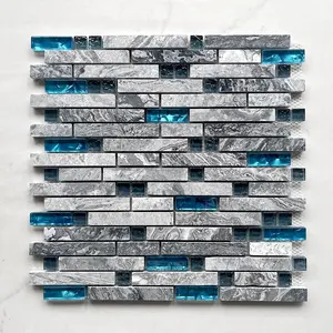 Kewent lüks gri mermer ve duvar için mavi mermer ile karışık cam mozaik karo