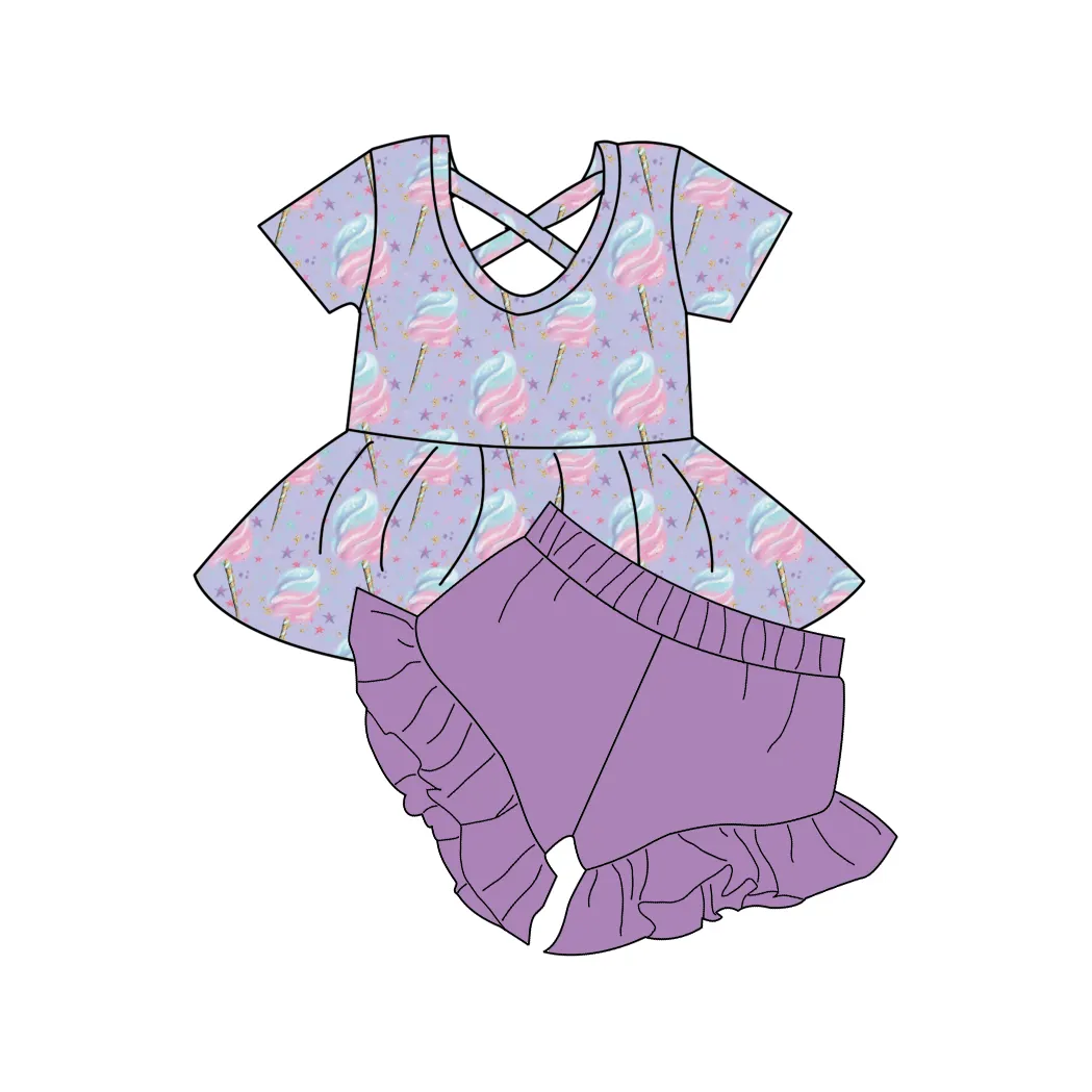 Liangzhe popular verão quente roupas fofas estampadas personalizadas para crianças meninas saias e shorts conjunto de 2 peças