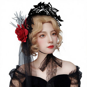 Lolita Fashion French Death Witch One-Piece Bowler Hat Halloween <b>Rose</b> Topper 100% Cotton Felt Cloth Cosplay Hair Accessories - Product Image 1